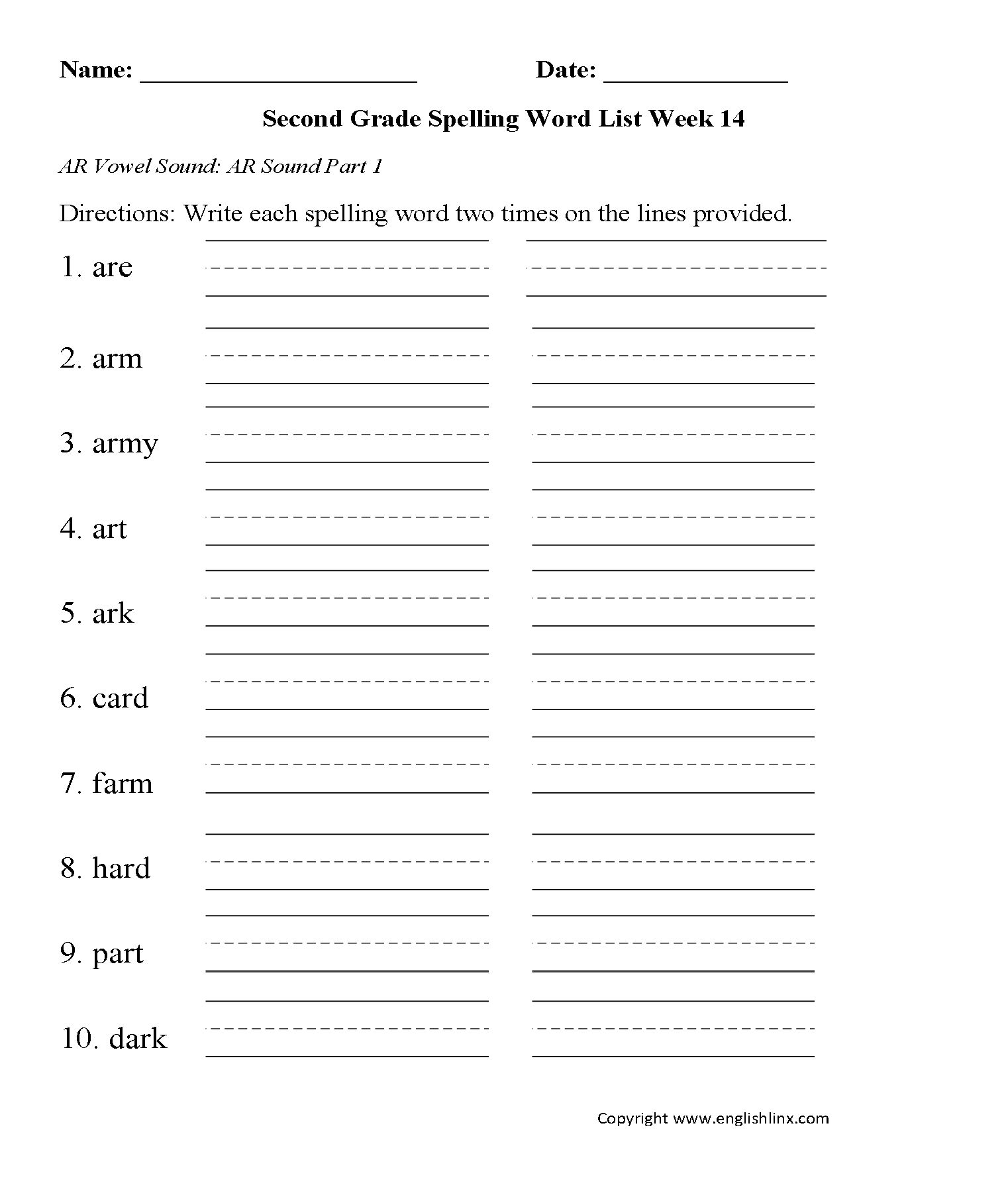 Week 14 AR Vowel 1 Second Grade Spelling Words Worksheets